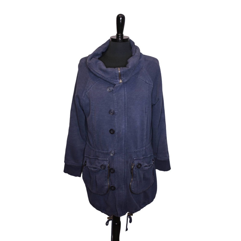 Zara Jacket Cowl Neck Utility Blue Cotton Polyester Midweight Size L
